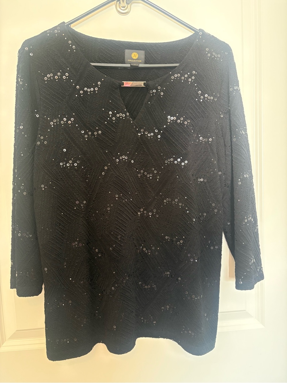 JM Collection Black Sequin V-Neck Long Sleeve Dress